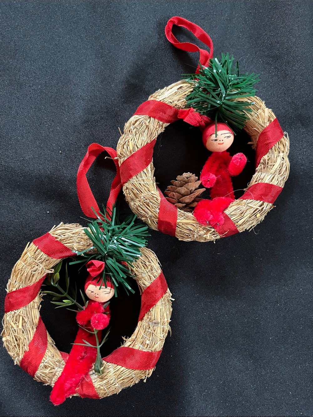 2 Vtg Scandinavian Style Straw Wreaths w/Elves MCM Christmas Ornaments
